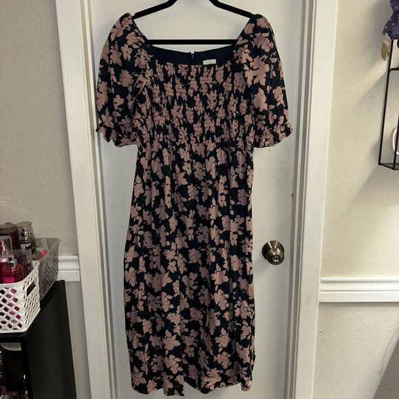 The Nines By Hatch Navy & Pink Floral Smock Midi Maternity Dress Size XL - Picture 2 of 8
